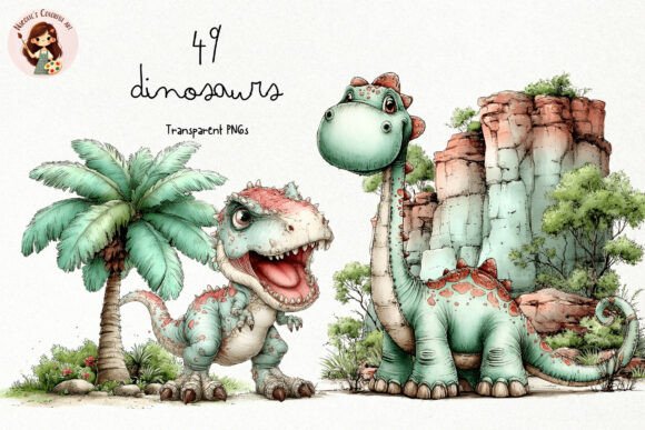 Cute Dinosaur Watercolor PNG Clipart Set