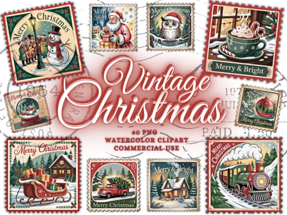 Vintage Christmas PNG Bundle Stamps