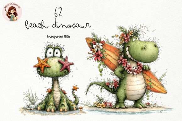 Whimsical Beach Dinosaur PNG Clipart: Elevating Summer Designs with Playful Creativity