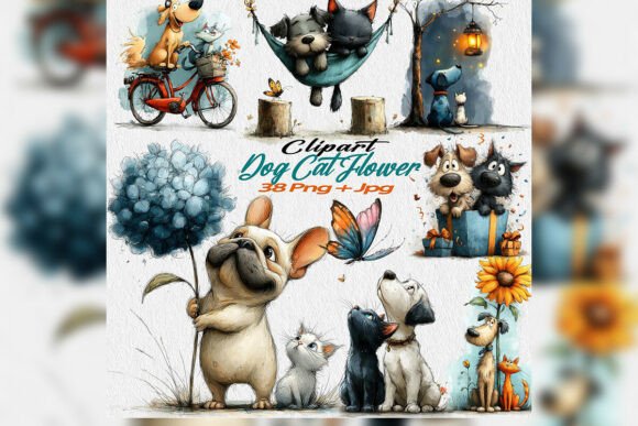 Whimsical Dog Cat Flower Clipart PNG Set